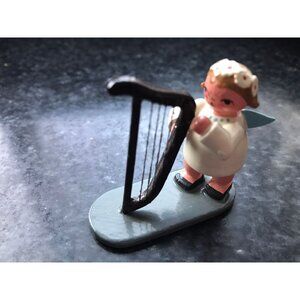 Vintage Christmas Wooden Music Angel Playing The Harp Erzgebirge Made In Germany
